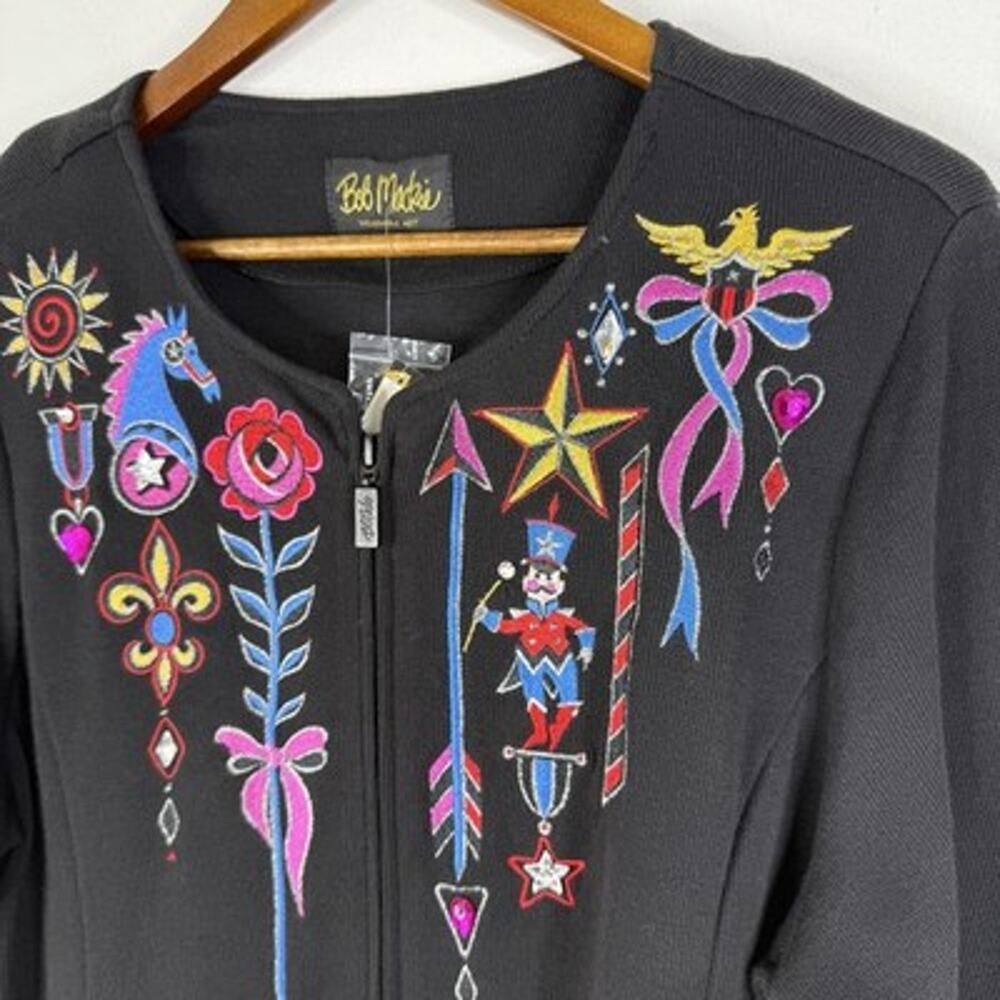 Bob Mackie Jacket Whimsical L Black Knit Zip Embroidered Christmas Circus